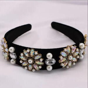 Rhinestone pearl bejeweled encrusted black velvet luxury headband